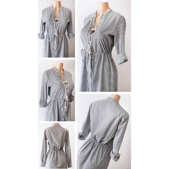 Stripe Cotton Drawstring Crochet Midi Shirt Dress - Picture 3 of 8